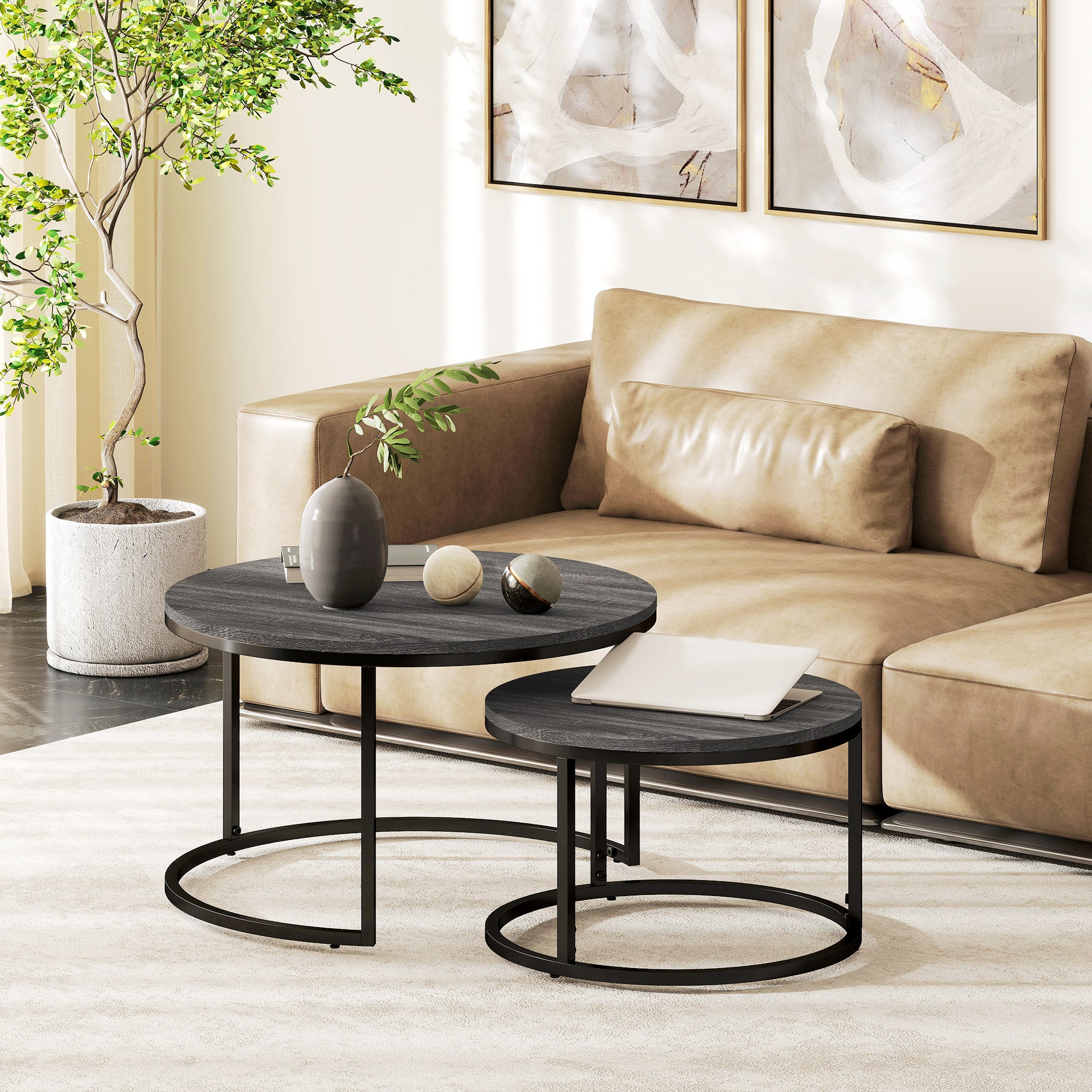 HOMCOM Set of Two Marble-Effect Stacking Tables - Black